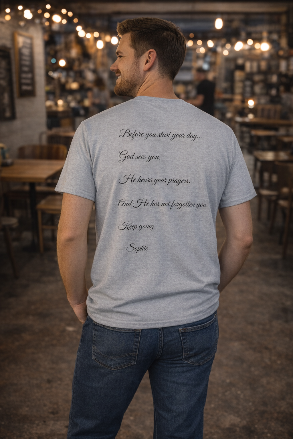 Message From The Heart – Christian Encouragement T-Shirt | Grace Over Noise : Before you start your day... God sees you. He hears your prayers. And he has not forgotten you. Keep goinog.
