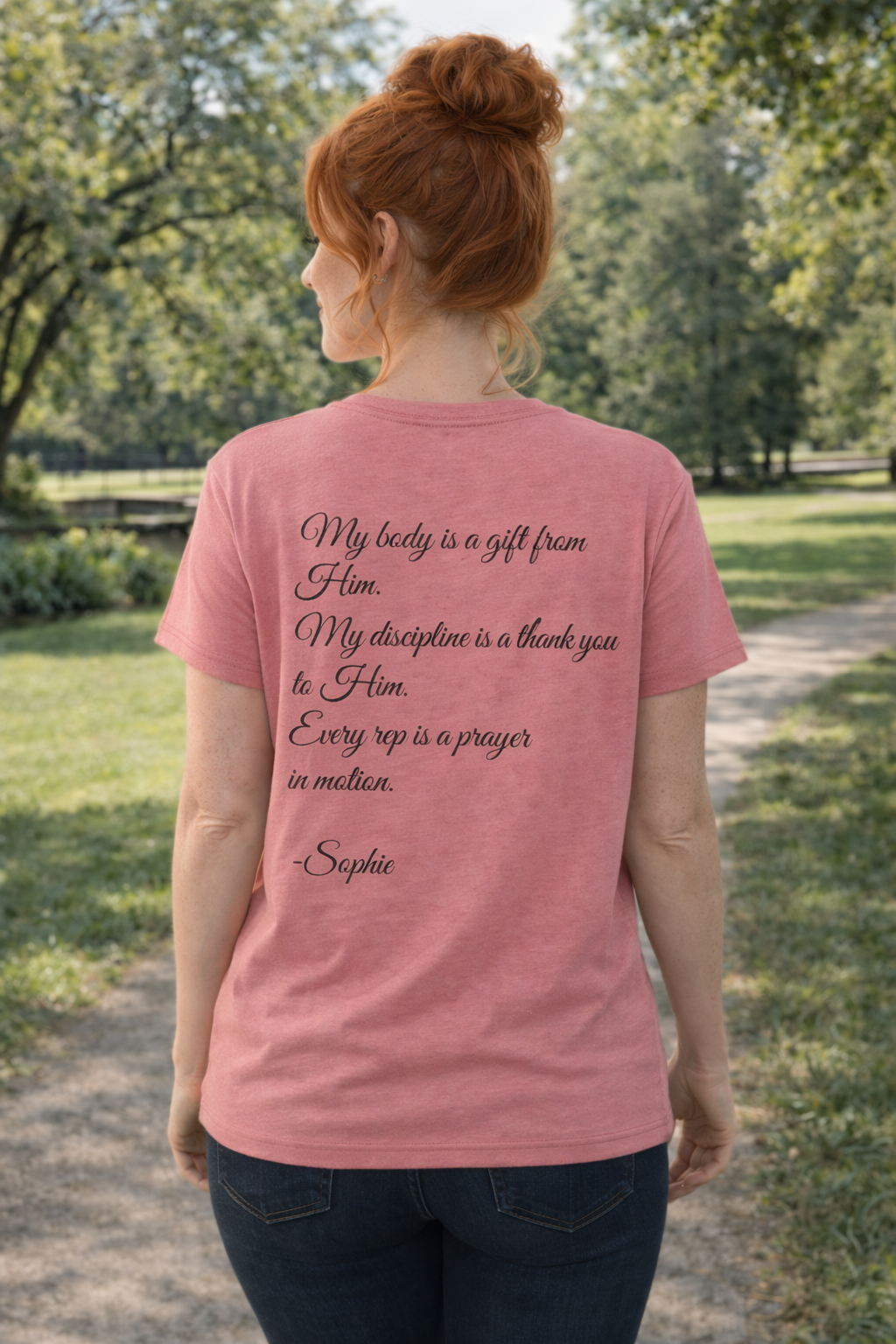 Grace Over Noise – Message From The Heart Encouragement Shirt : My body is a gift from Him. My discipline is a thank you to Him. Every rep is a prayer in motion.